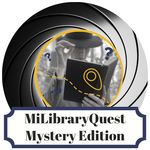 MiLibraryQuest logo with detective holding an open book, the text MiLibraryQuest Mystery Edition